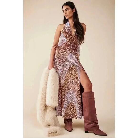 Free People Glitter Gold Pink Sequin Plunging V Neck Midi Dress Large L NWT - Picture 1 of 7